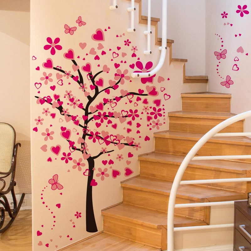 LiveGallery Removable Huge Pink Cartoon Heart Flower Tree Wall Decals Red Butterfly Wall Stickers Home Art Decor for Kids Girls Babys Bedroom Nursery Room Living Room Decorations - Image 5
